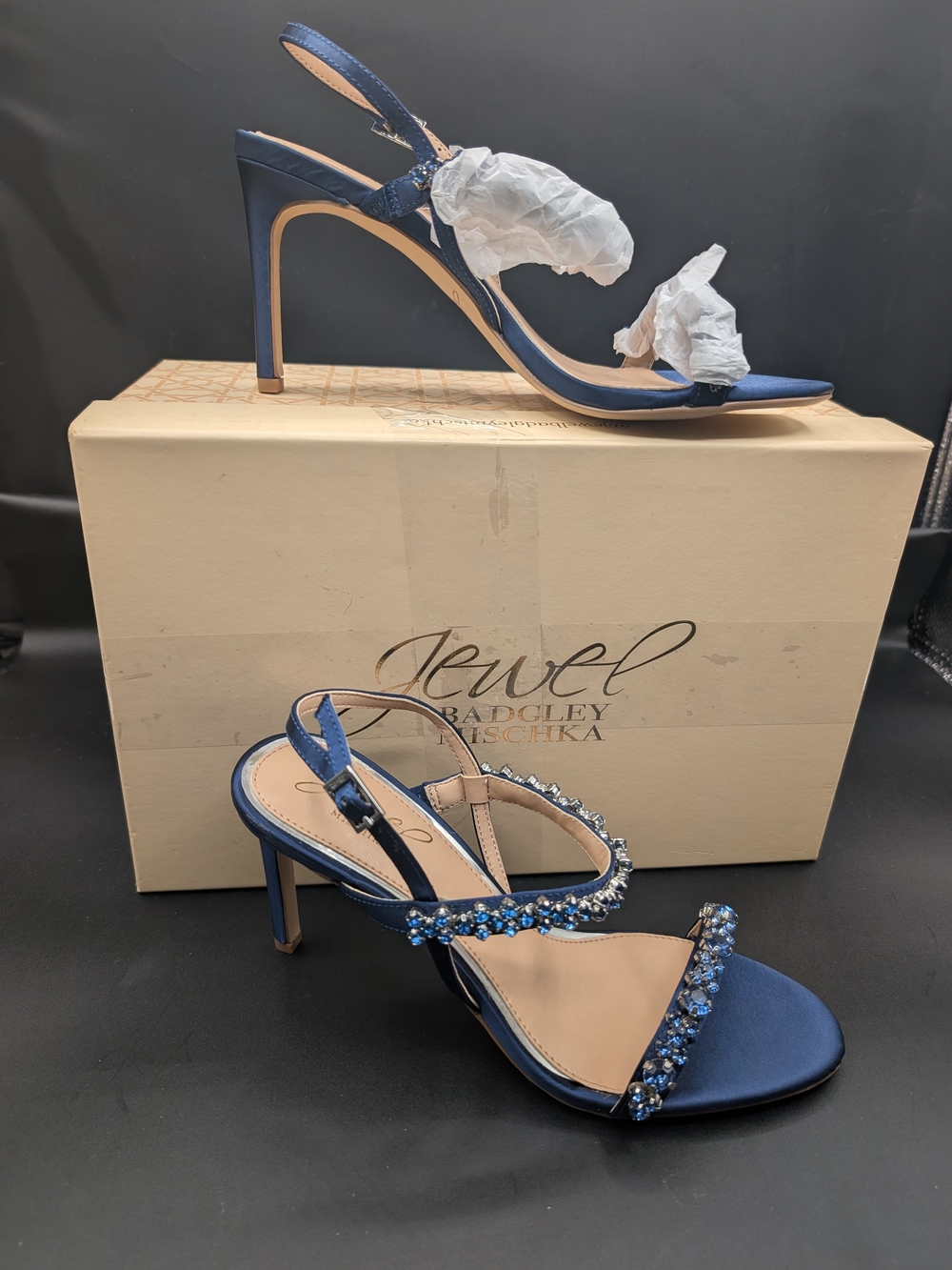 Badgley Mischka Jewel Blue Satin Embellished Slingback Sandals
